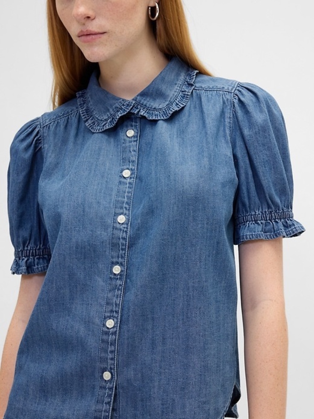 Gap relaxed denim short sleeve button down top puff sleeve